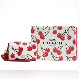 NEW COACH Boxed Essential Cherry Print Leather Cosmetic Pouch Wristlet Chalk Red